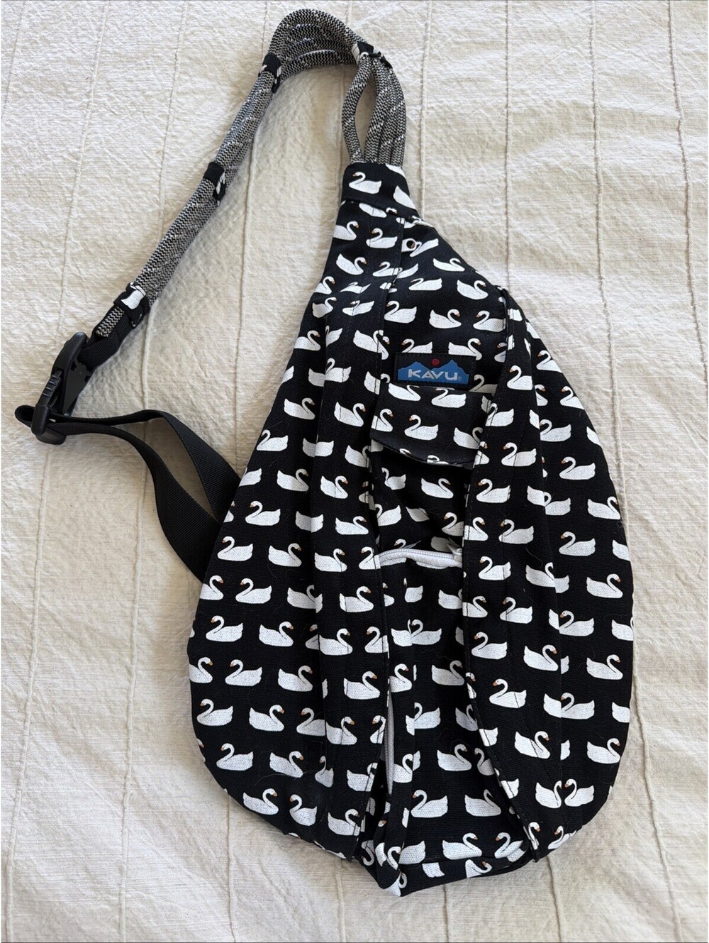 KAVU Swan Love Black White Cotton Rope Sling Bag Backpack